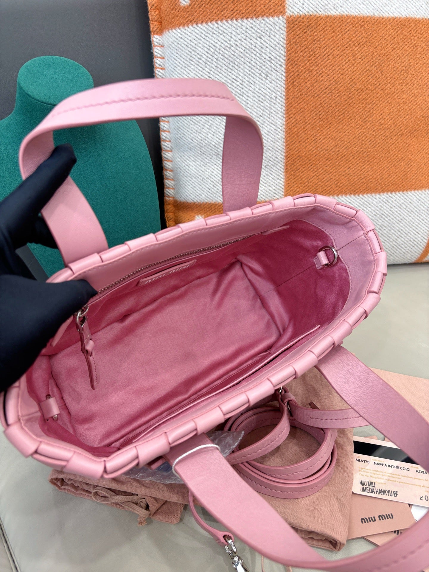 Miu Miu Pink Woven Leather Tote