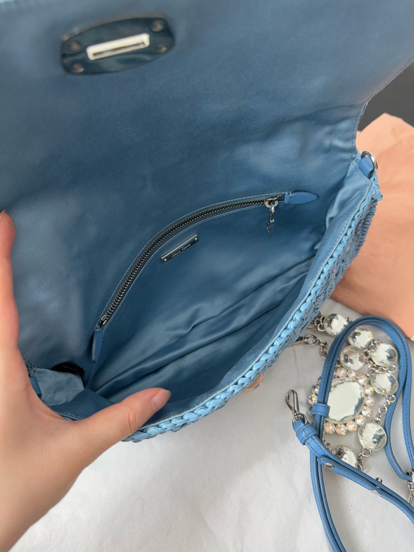 Miu Miu Crystal Raffia Shoulder Bag