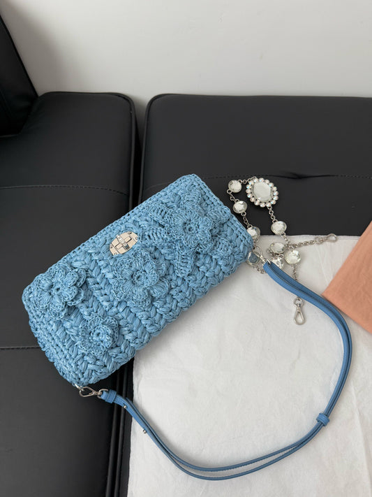 Miu Miu Crystal Raffia Shoulder Bag