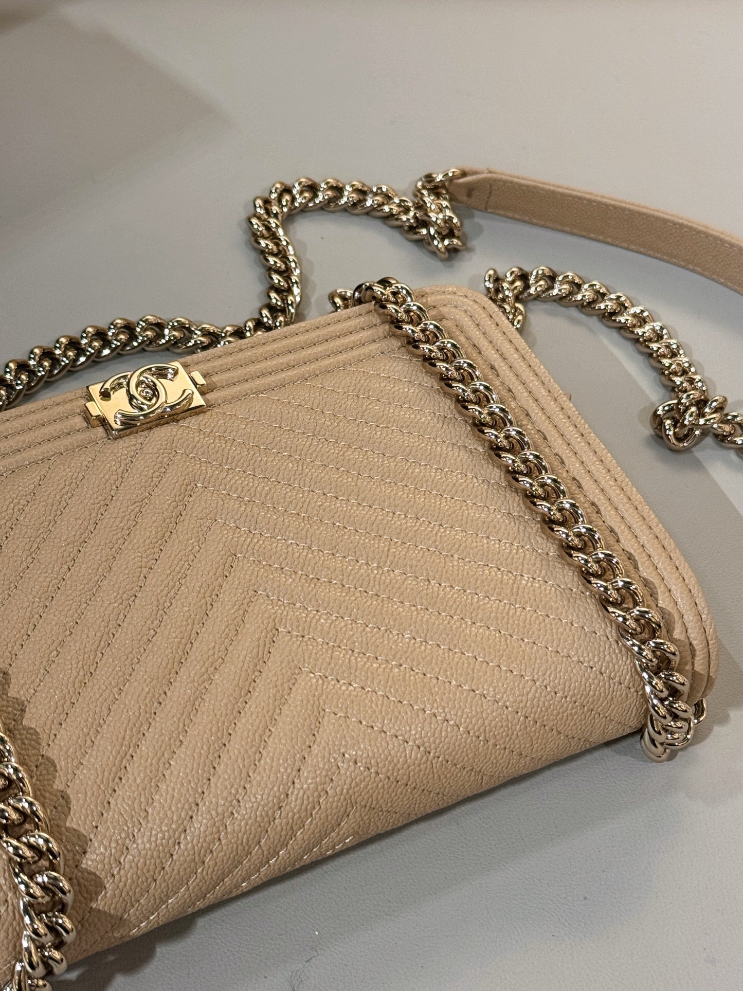 Chanel Boy WOC — V-Quilted Beige Caviar