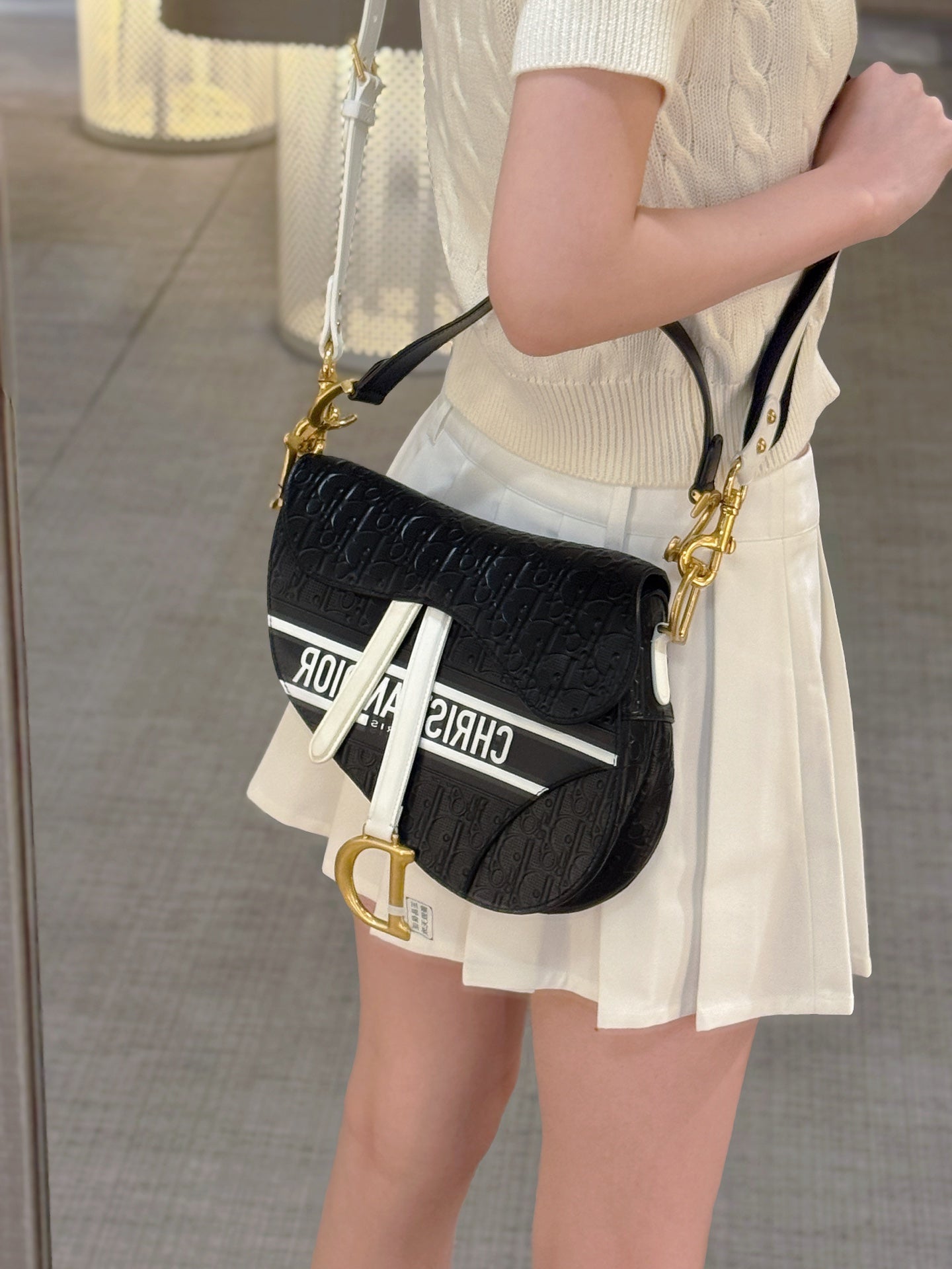 Dior Saddle Bag — Black & White Embossed Leather