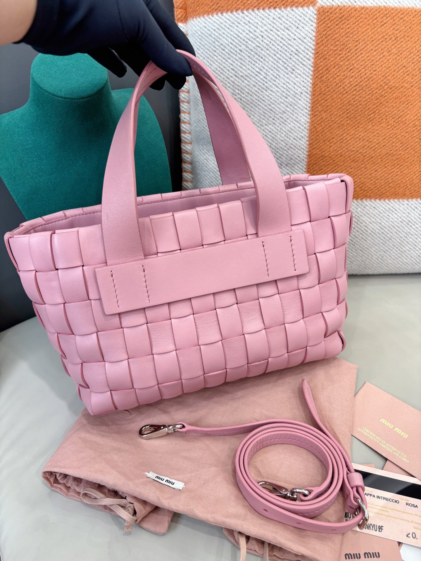 Miu Miu Pink Woven Leather Tote