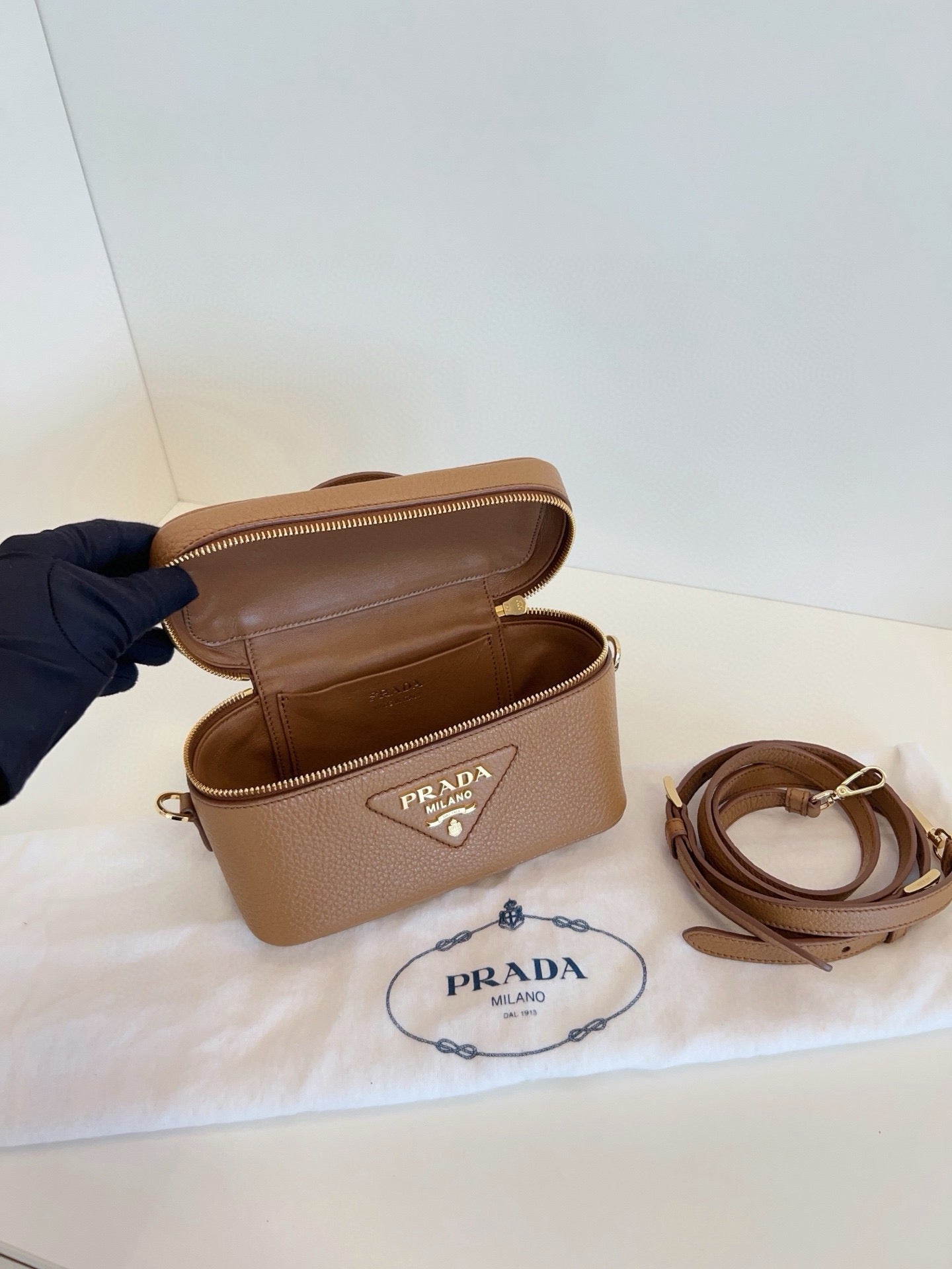 Prada Caramel Saffiano Leather Vanity Box Crossbody Bag
