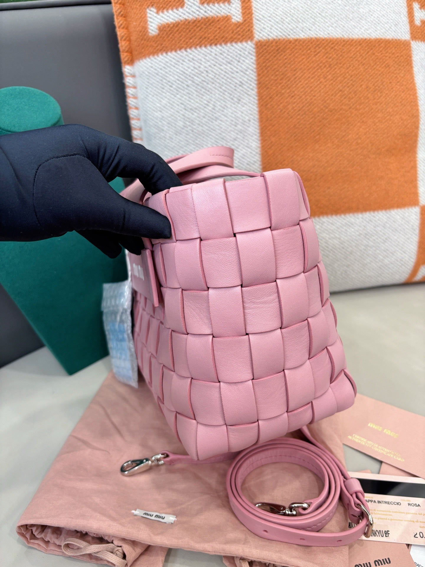 Miu Miu Pink Woven Leather Tote