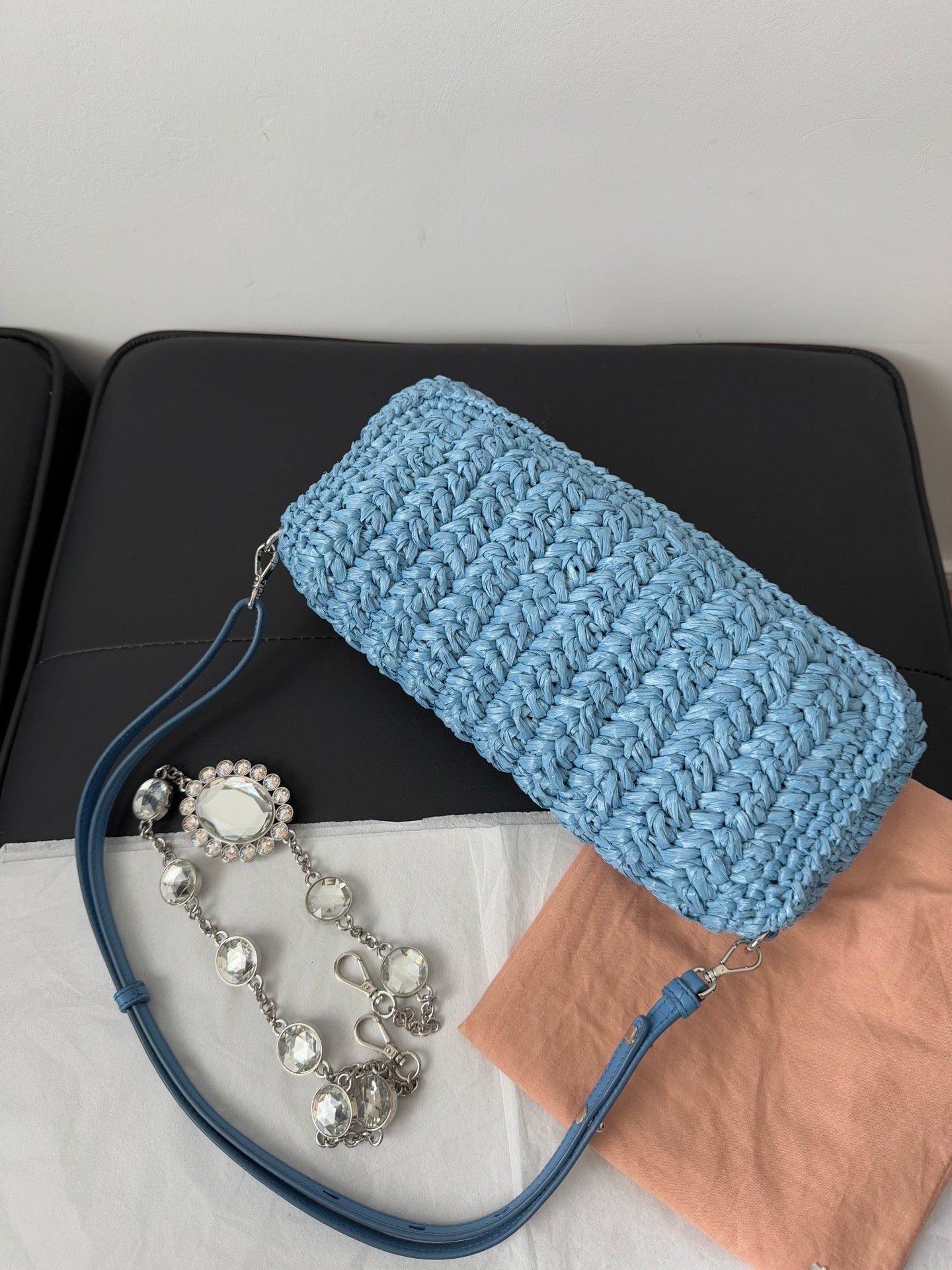 Miu Miu Crystal Raffia Shoulder Bag