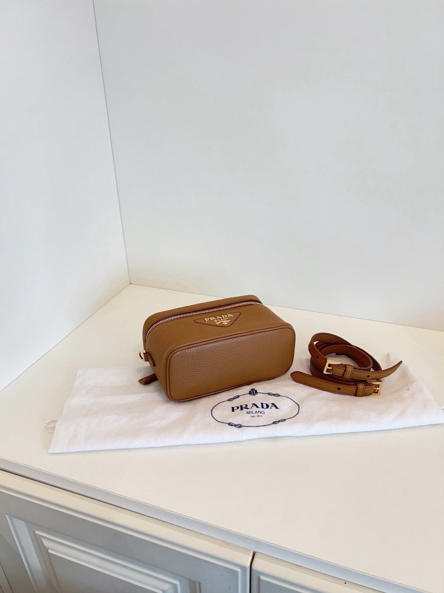 Prada Caramel Saffiano Leather Vanity Box Crossbody Bag