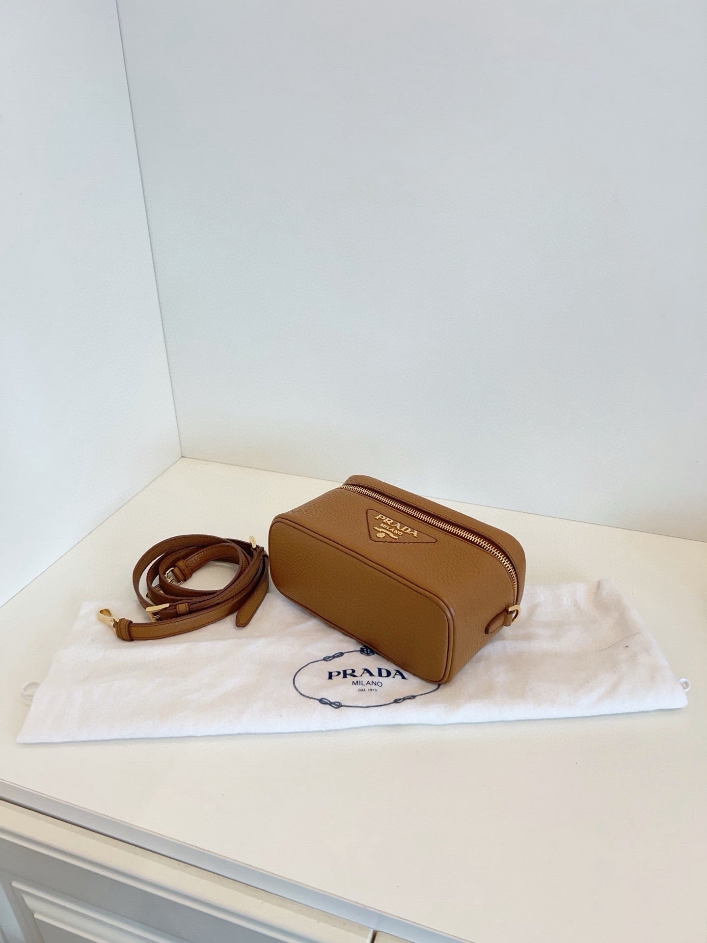 Prada Caramel Saffiano Leather Vanity Box Crossbody Bag