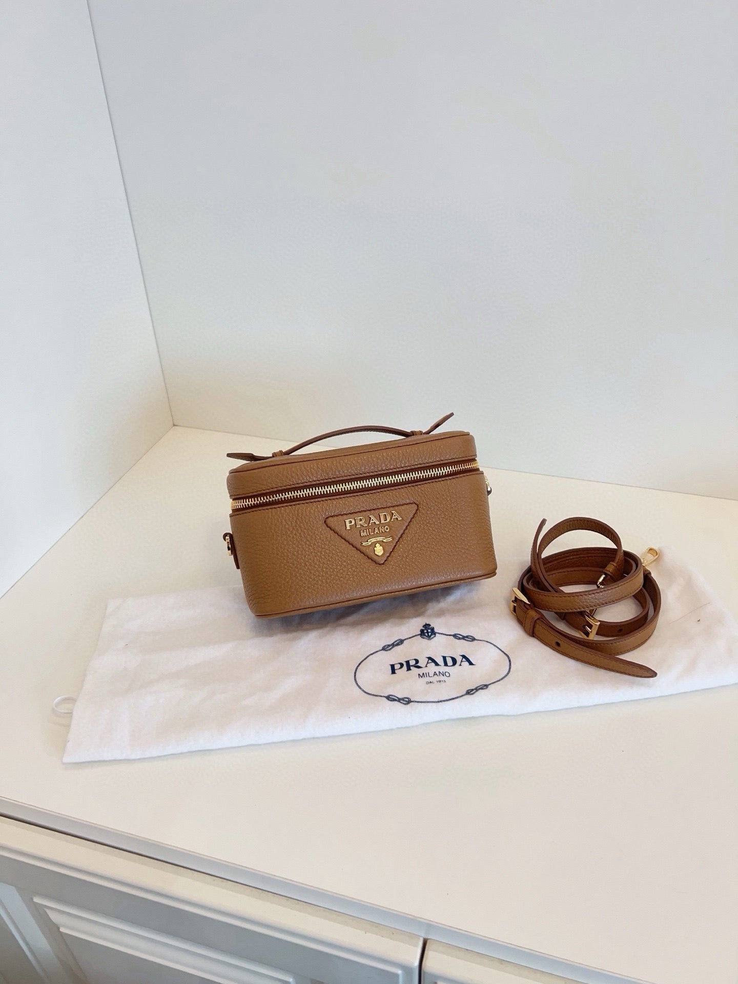 Prada Caramel Saffiano Leather Vanity Box Crossbody Bag