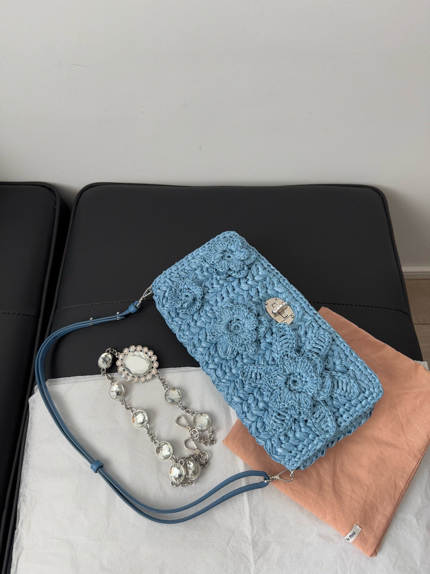 Miu Miu Crystal Raffia Shoulder Bag