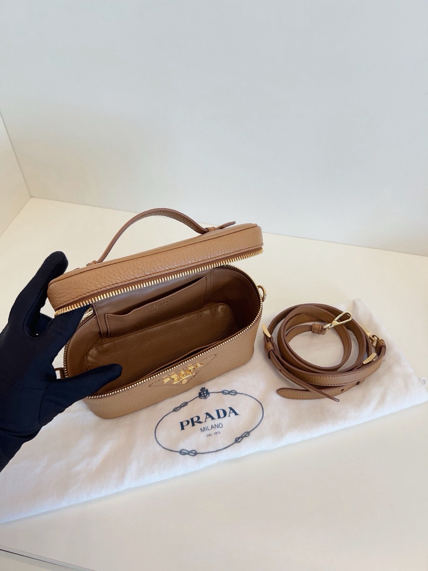 Prada Caramel Saffiano Leather Vanity Box Crossbody Bag