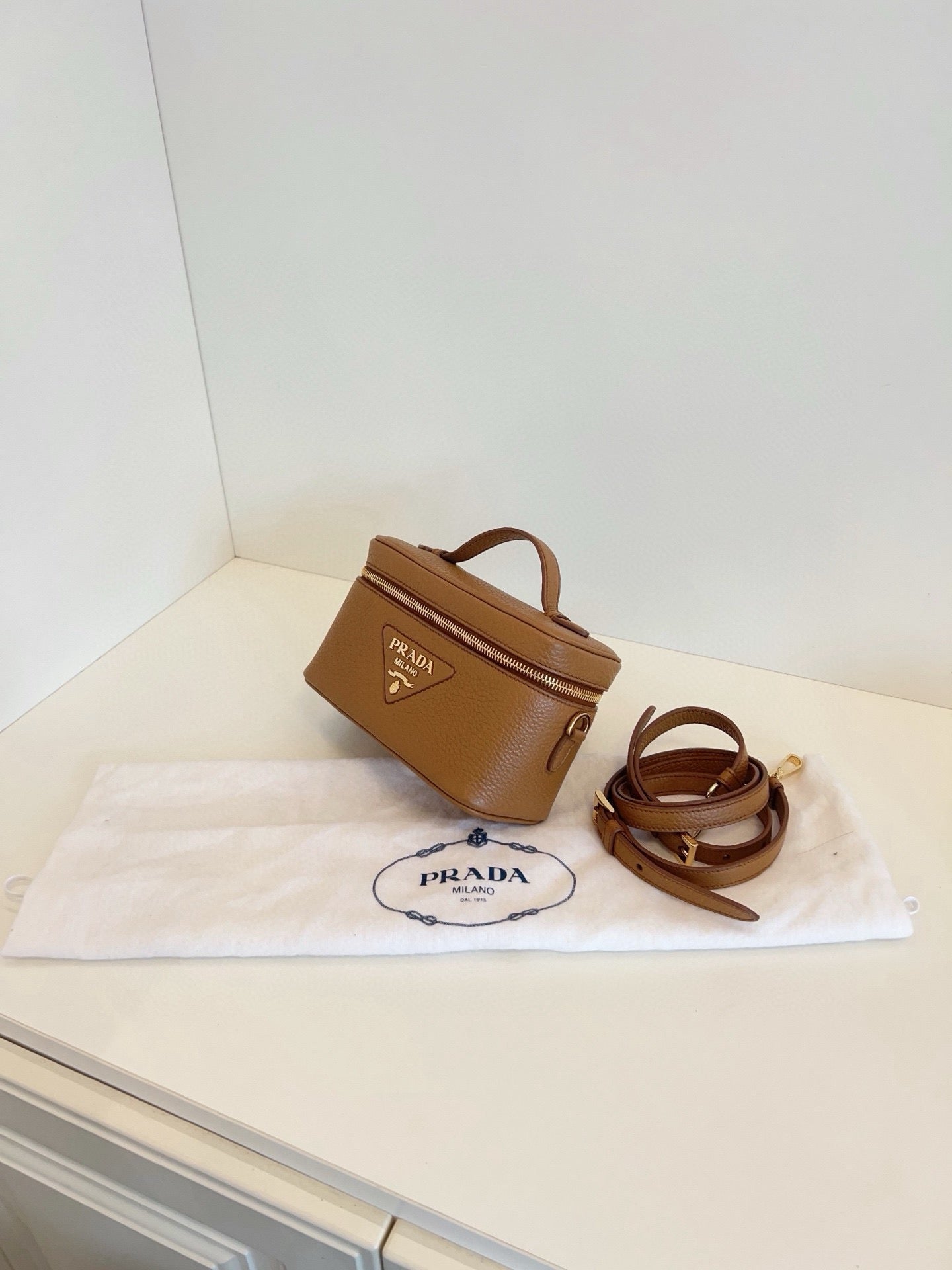 Prada Caramel Saffiano Leather Vanity Box Crossbody Bag