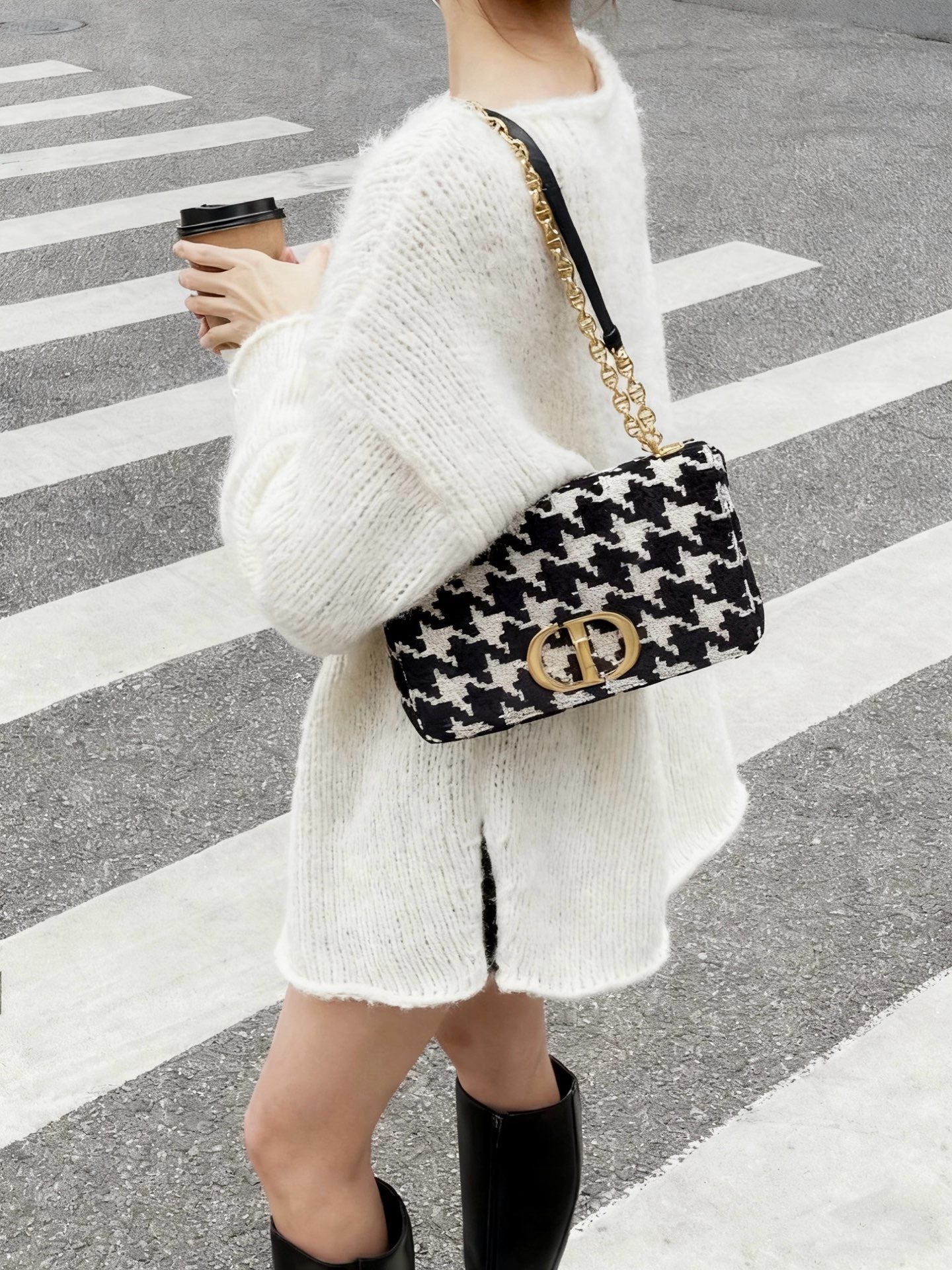 Dior Caro Houndstooth Shoulder Chain Bag