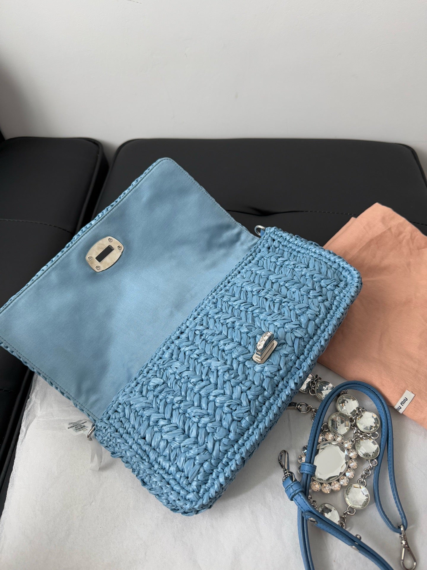 Miu Miu Crystal Raffia Shoulder Bag