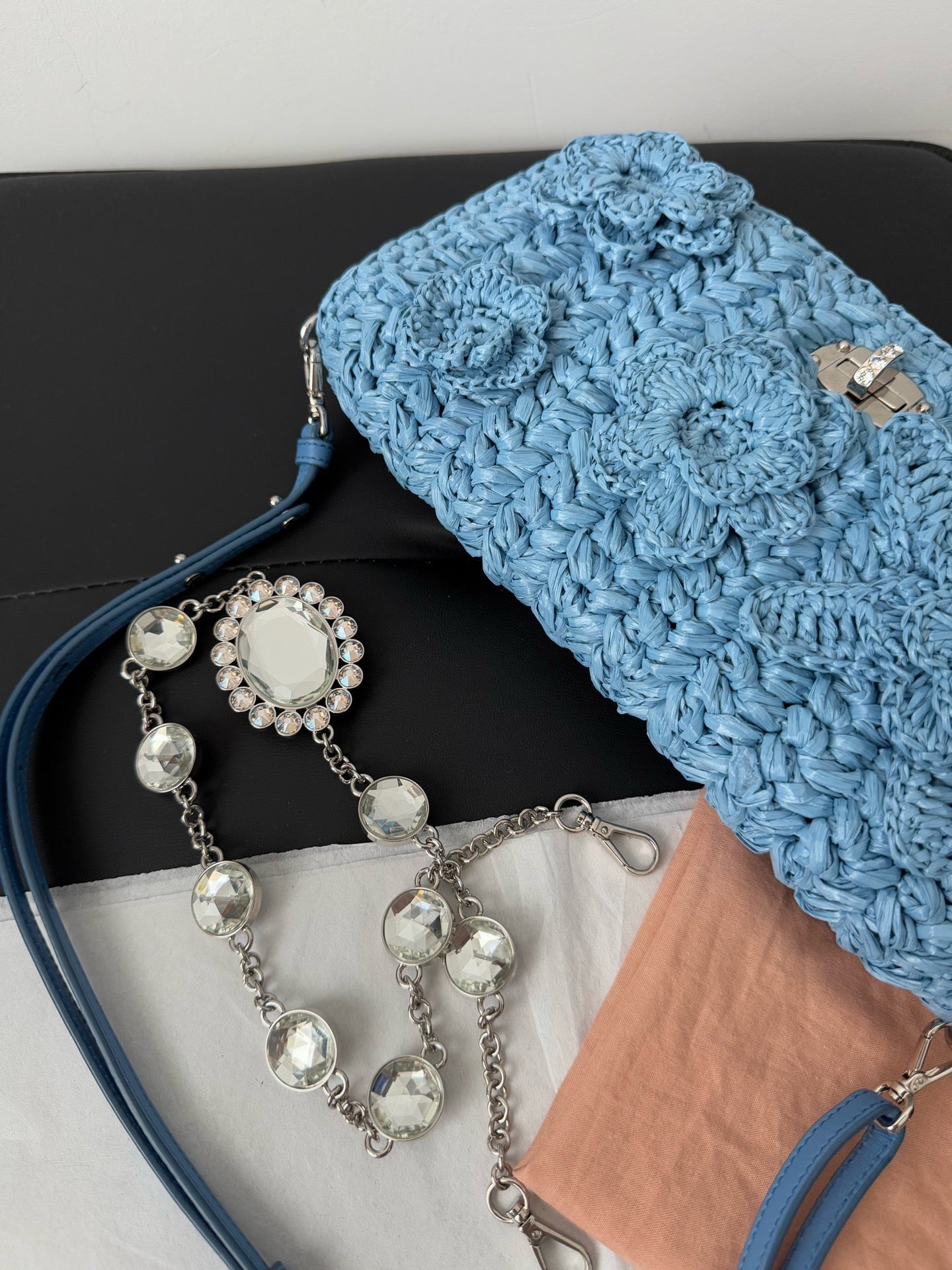 Miu Miu Crystal Raffia Shoulder Bag