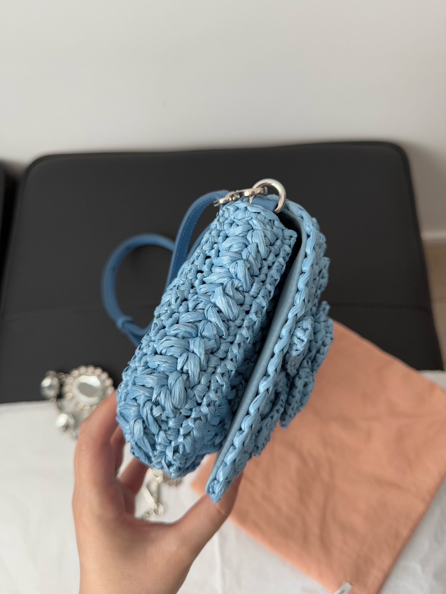 Miu Miu Crystal Raffia Shoulder Bag