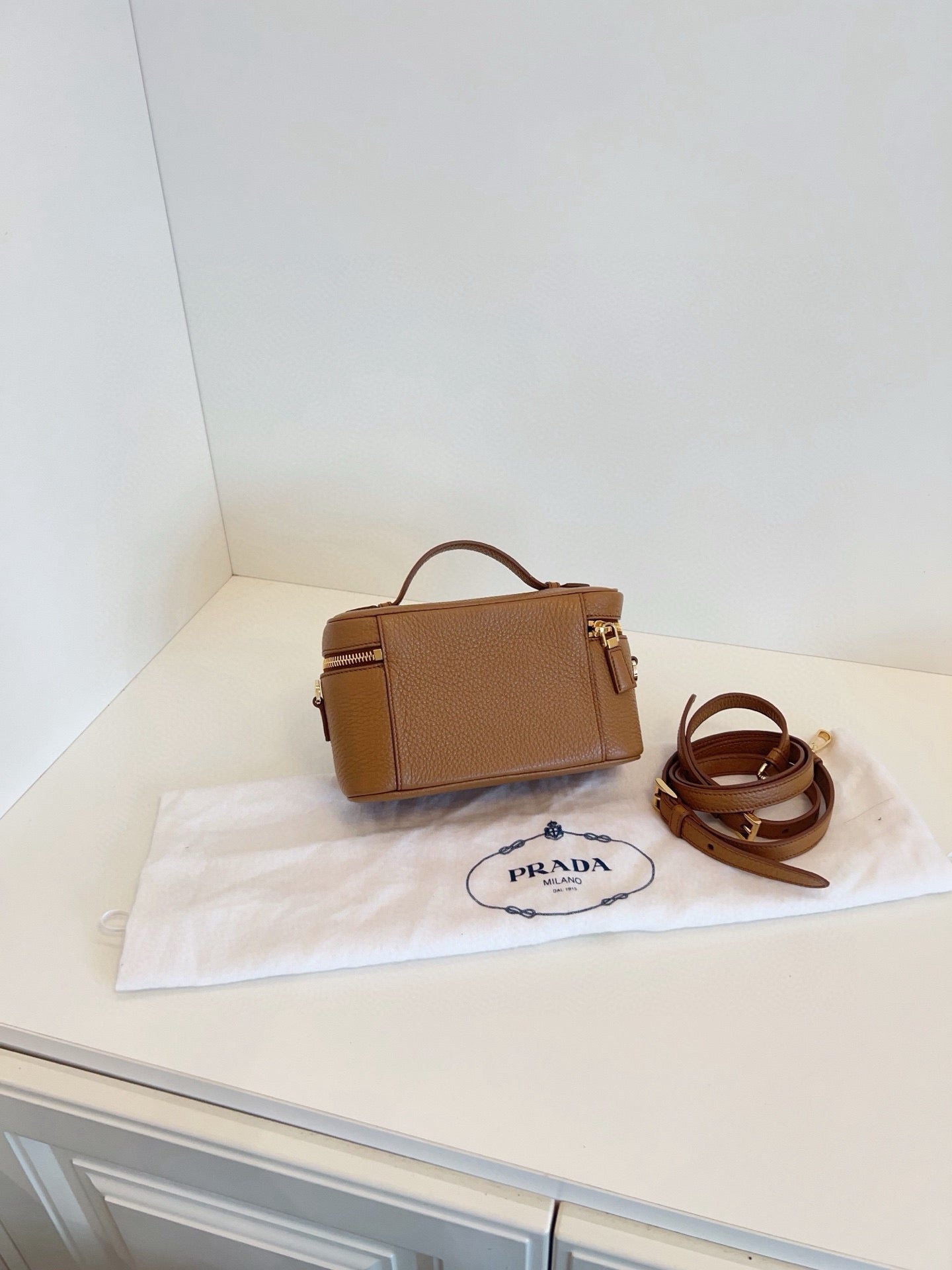 Prada Caramel Saffiano Leather Vanity Box Crossbody Bag