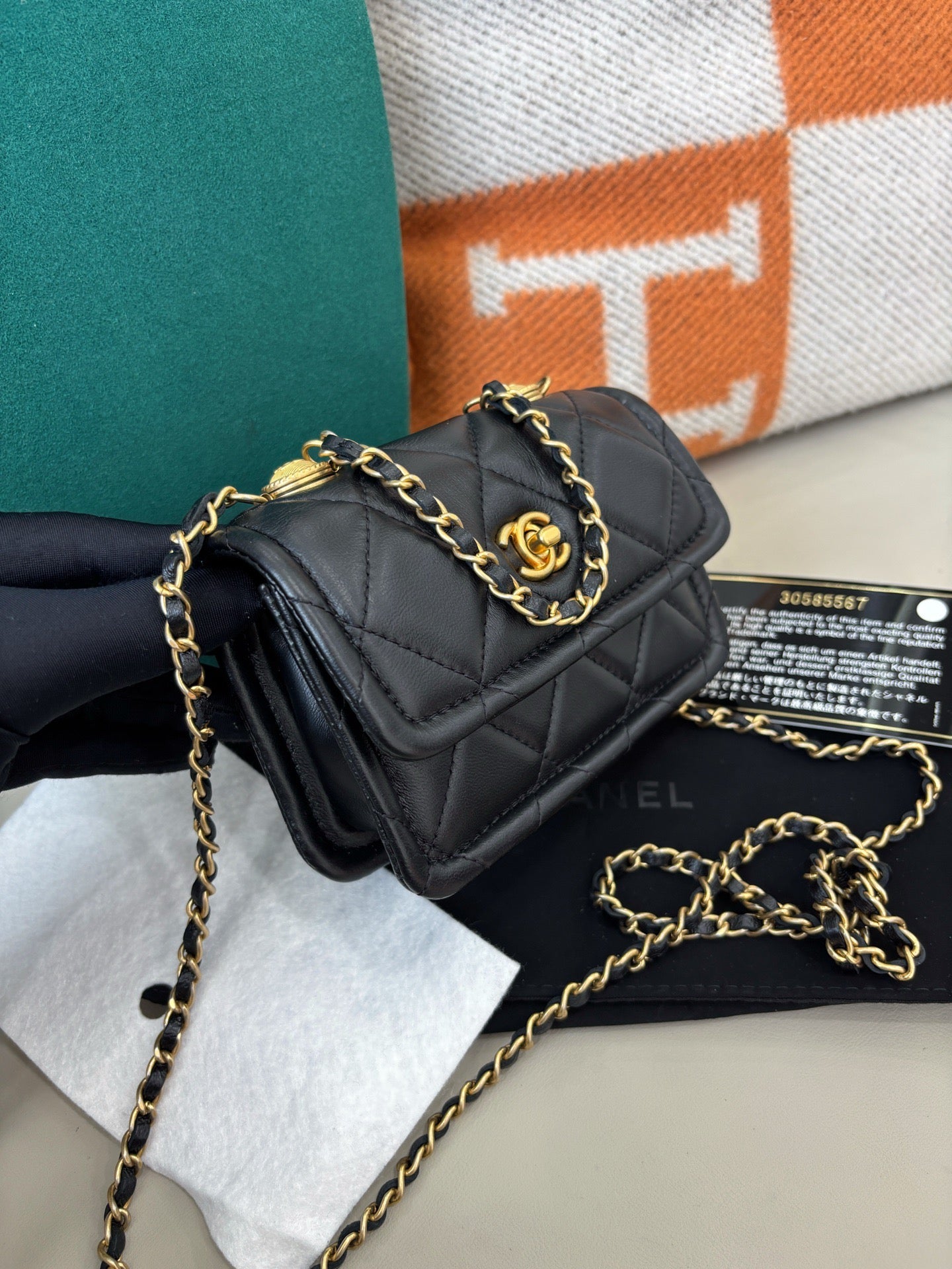 Chanel Button Mini Flap — Black & Gold