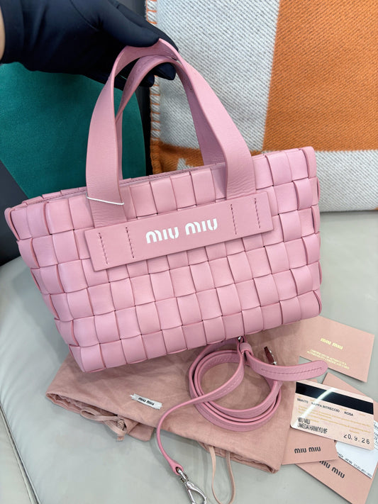 Miu Miu Pink Woven Leather Tote