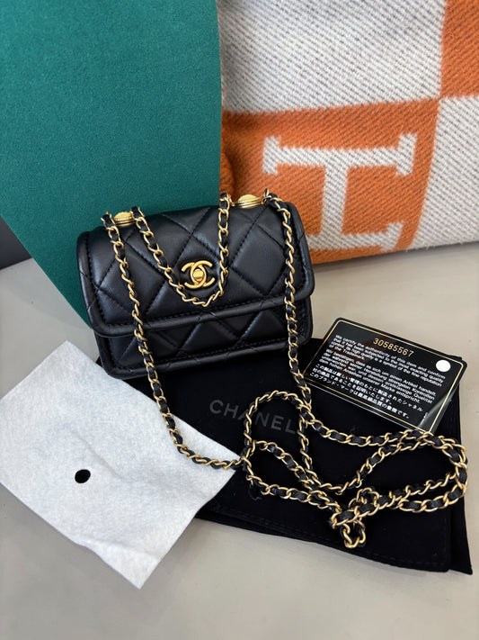 Chanel Button Mini Flap — Black & Gold