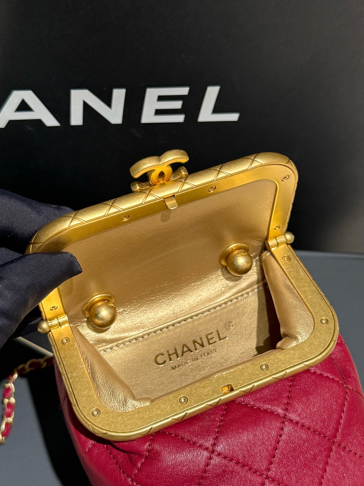 Chanel Kiss Lock Mini Bucket Bag — Red & Gold