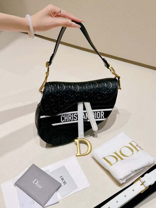 Dior Saddle Bag — Black & White Embossed Leather