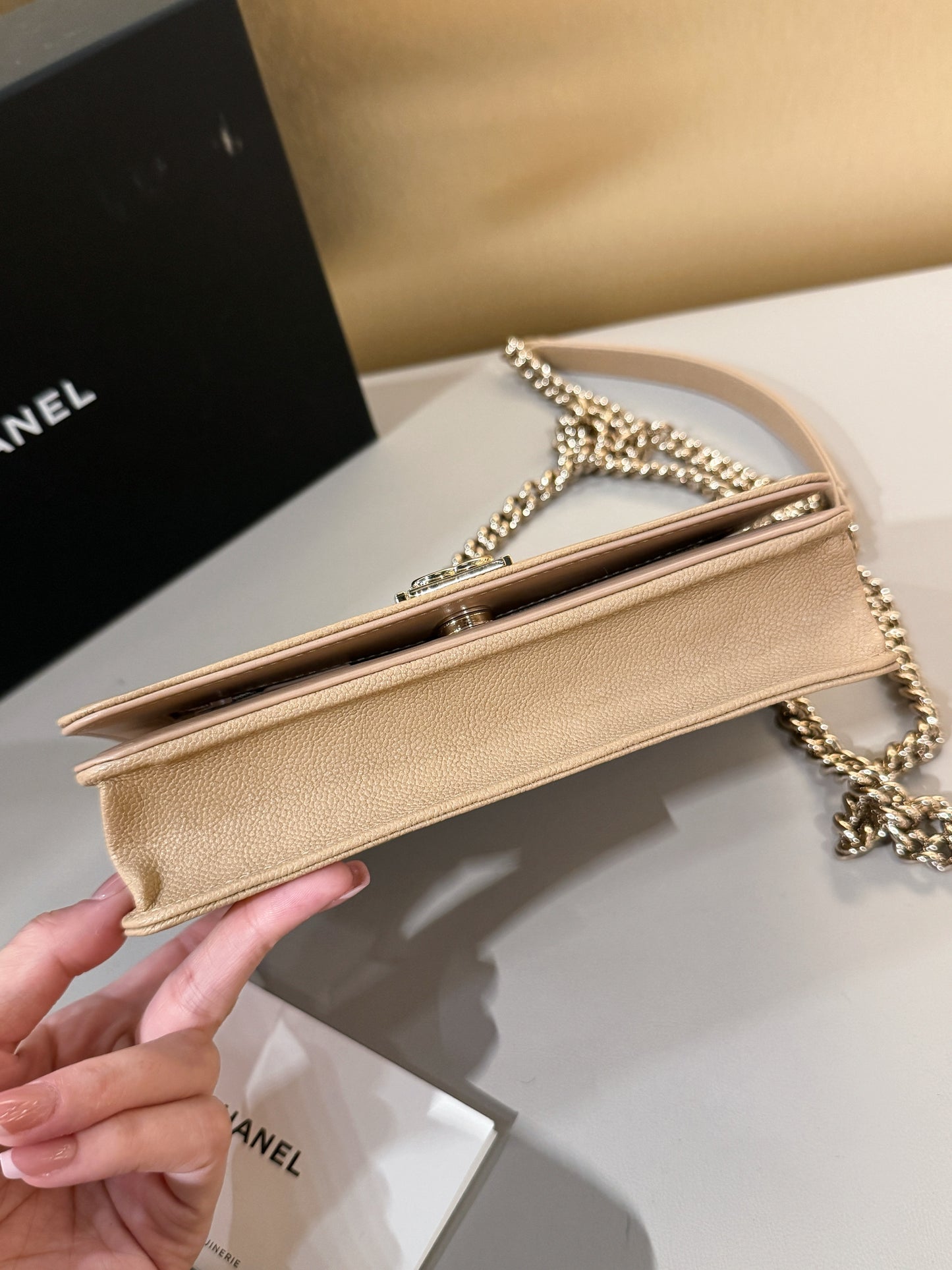 Chanel Boy WOC — V-Quilted Beige Caviar