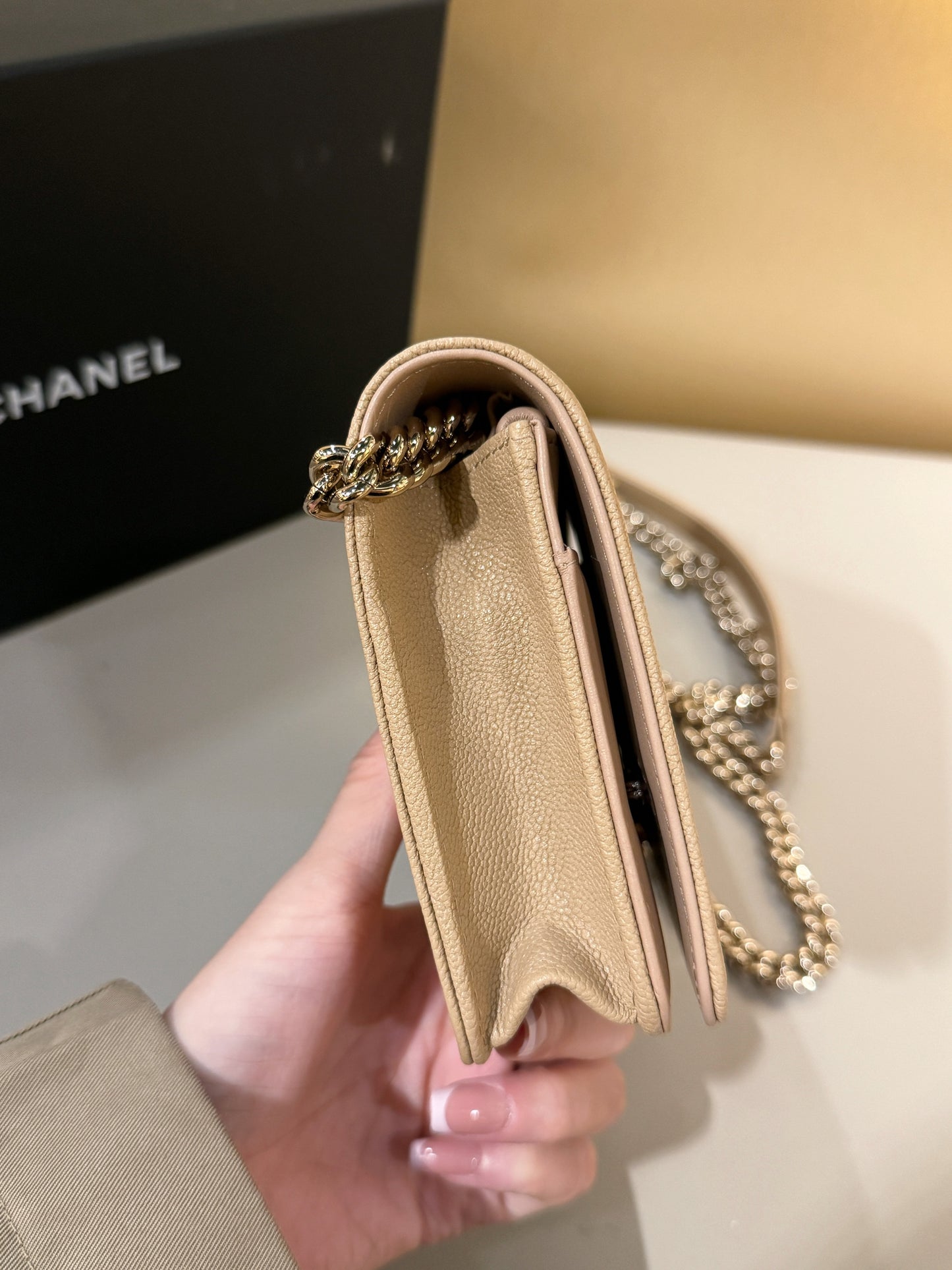 Chanel Boy WOC — V-Quilted Beige Caviar