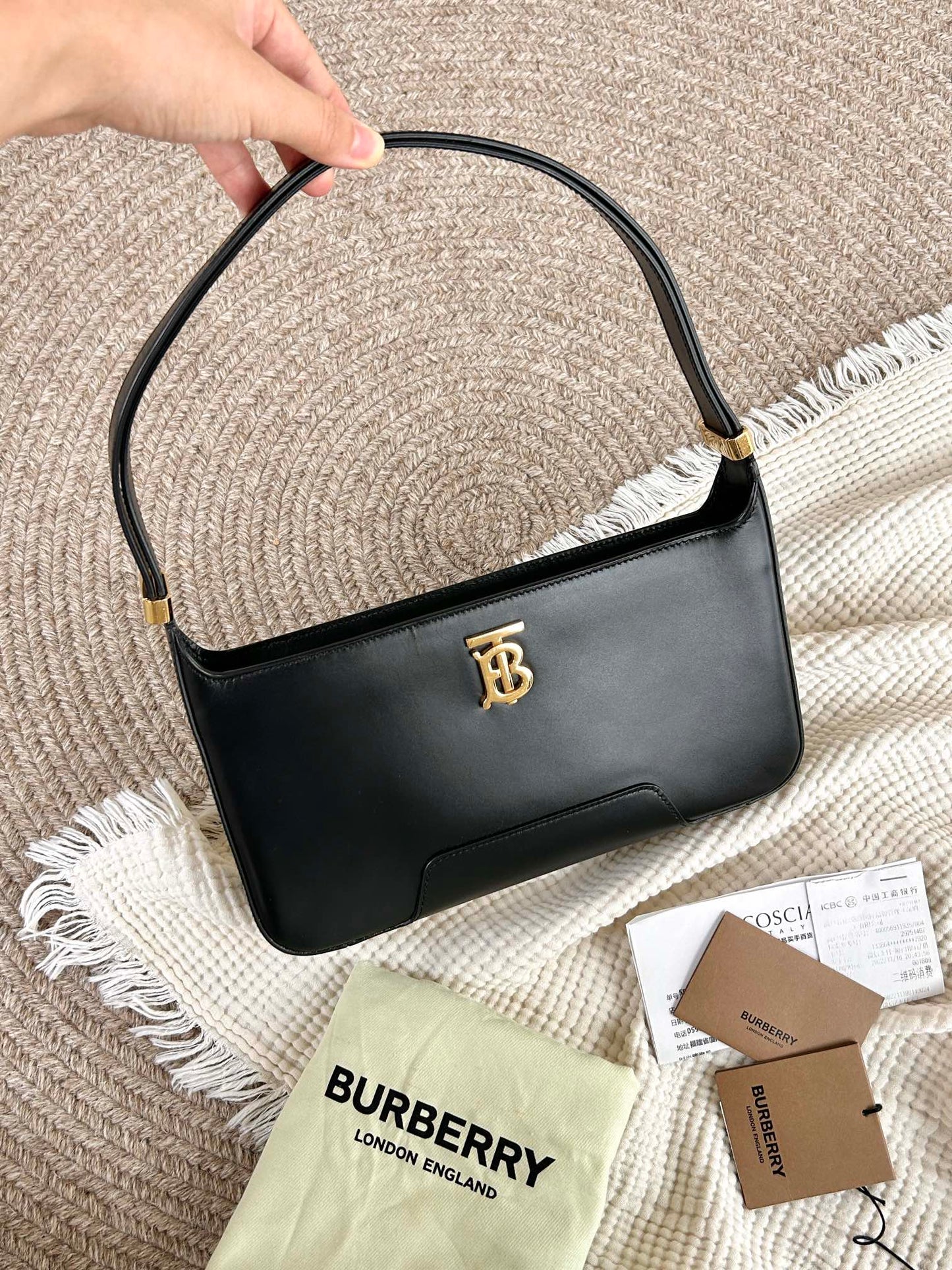 Burberry TB Leather Hobo Bag – Black