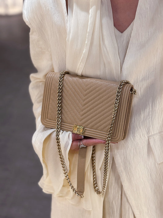 Chanel Boy WOC — V-Quilted Beige Caviar